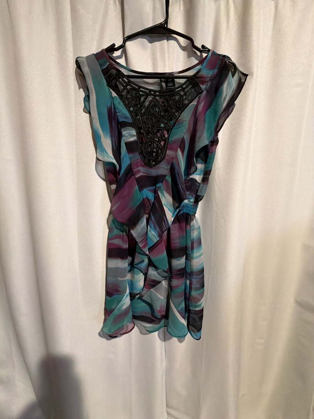 Bisou Bisou Multi Color Sheer Chiffon Tunic Blouse with Beaded Neckline Size S